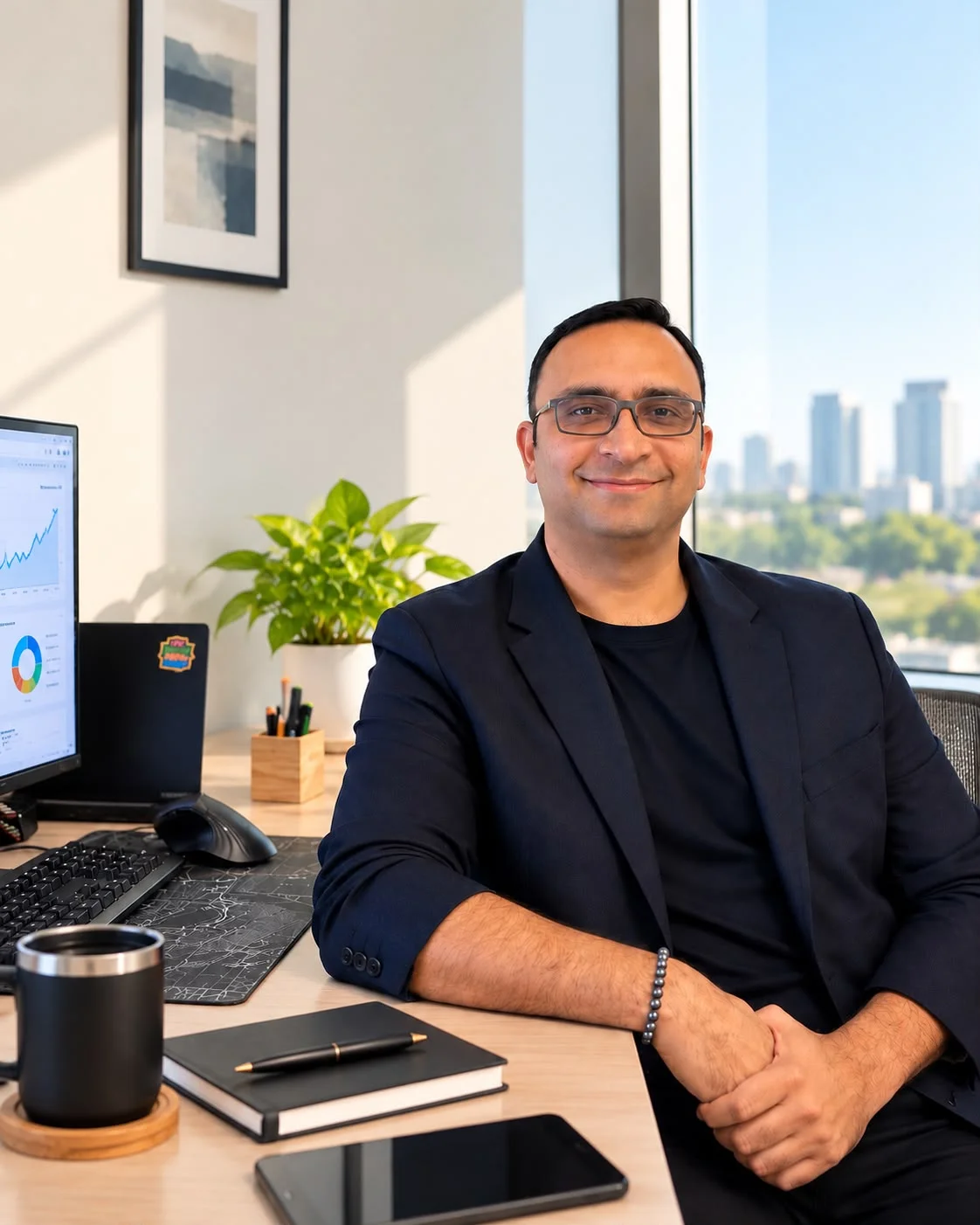 Anurag Pareek, SEO, AEO and GEO consultant, at his desk with a search performance dashboard on screen