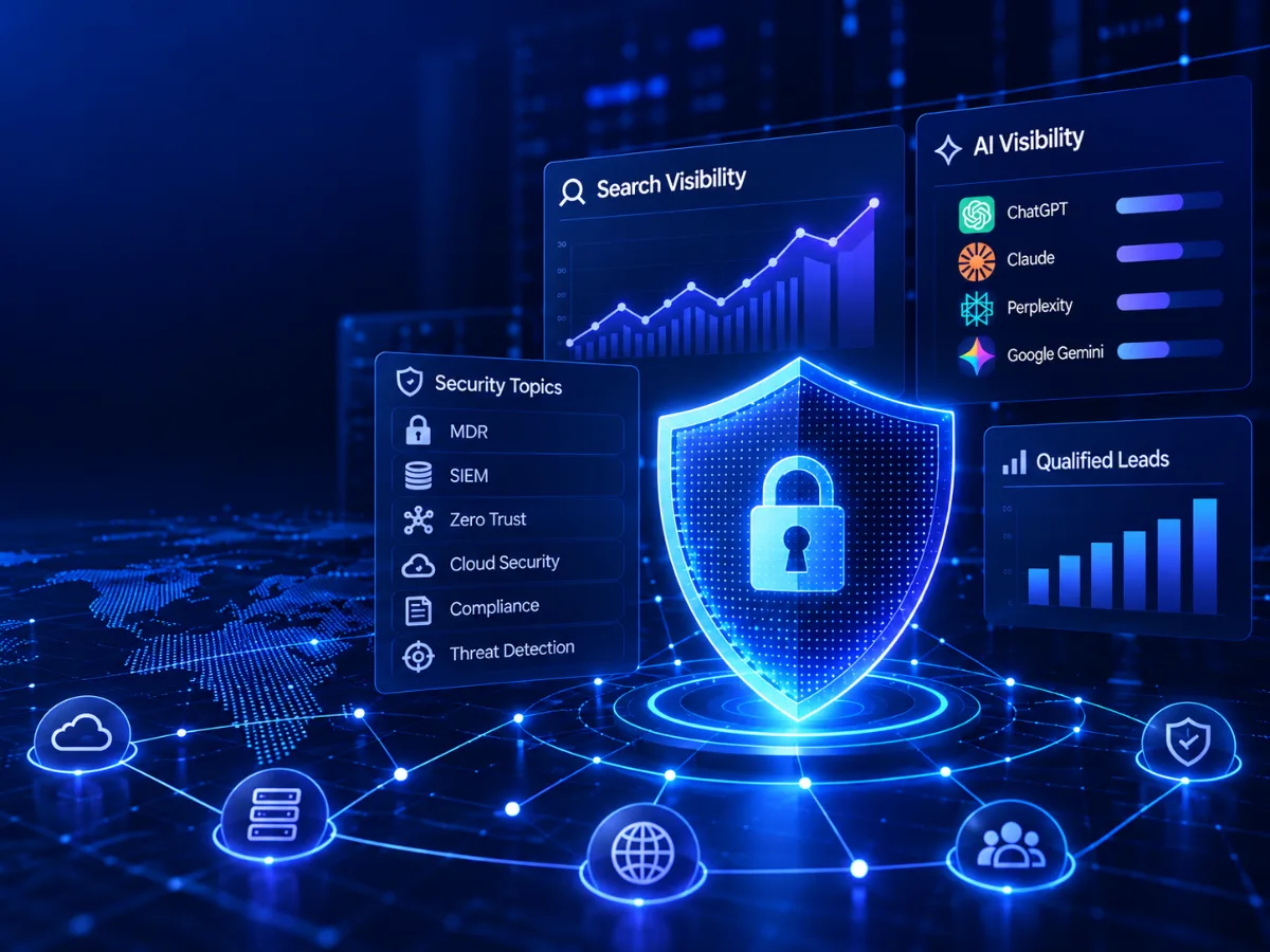 Search visibility and AI visibility dashboards either side of a shield, beside a list of security topics