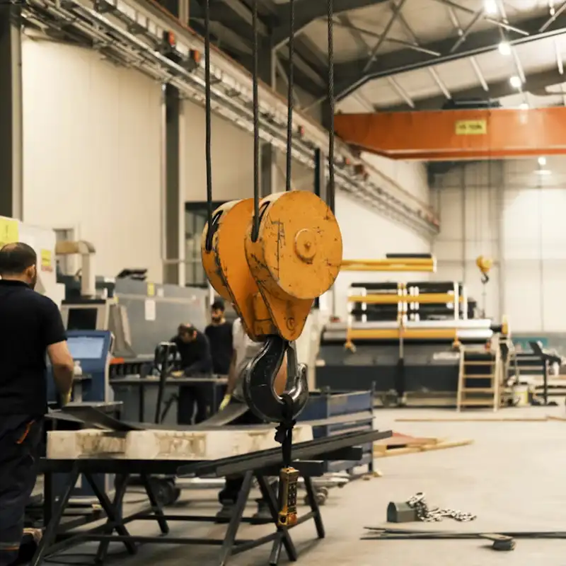 A fabrication workshop with an overhead crane hook in the foreground, sheet metal on a bench, and workers at machines in the background.