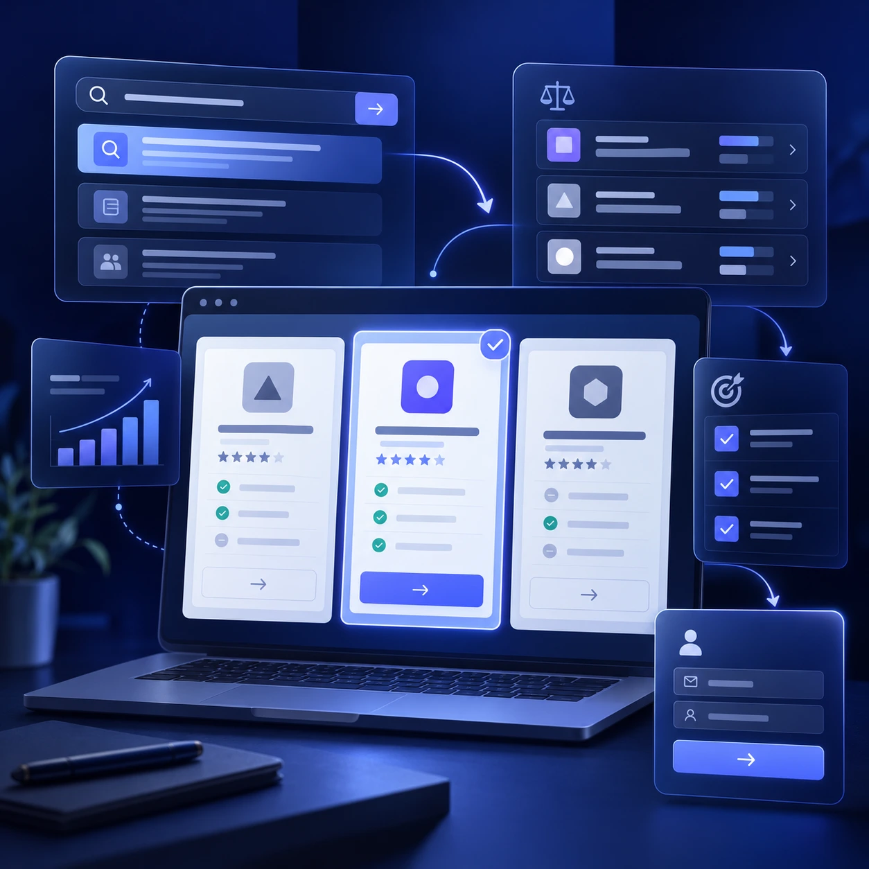 An illustration of a software comparison screen on a laptop, with three product cards side by side, one selected, surrounded by panels for search results, a shortlist, a growth chart and a signup form.