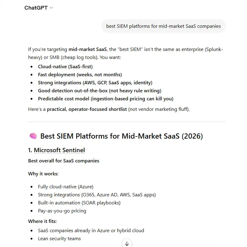 ChatGPT answering a question about the best SIEM platforms for mid-market SaaS companies, listing evaluation criteria and then a ranked shortlist of named vendors.